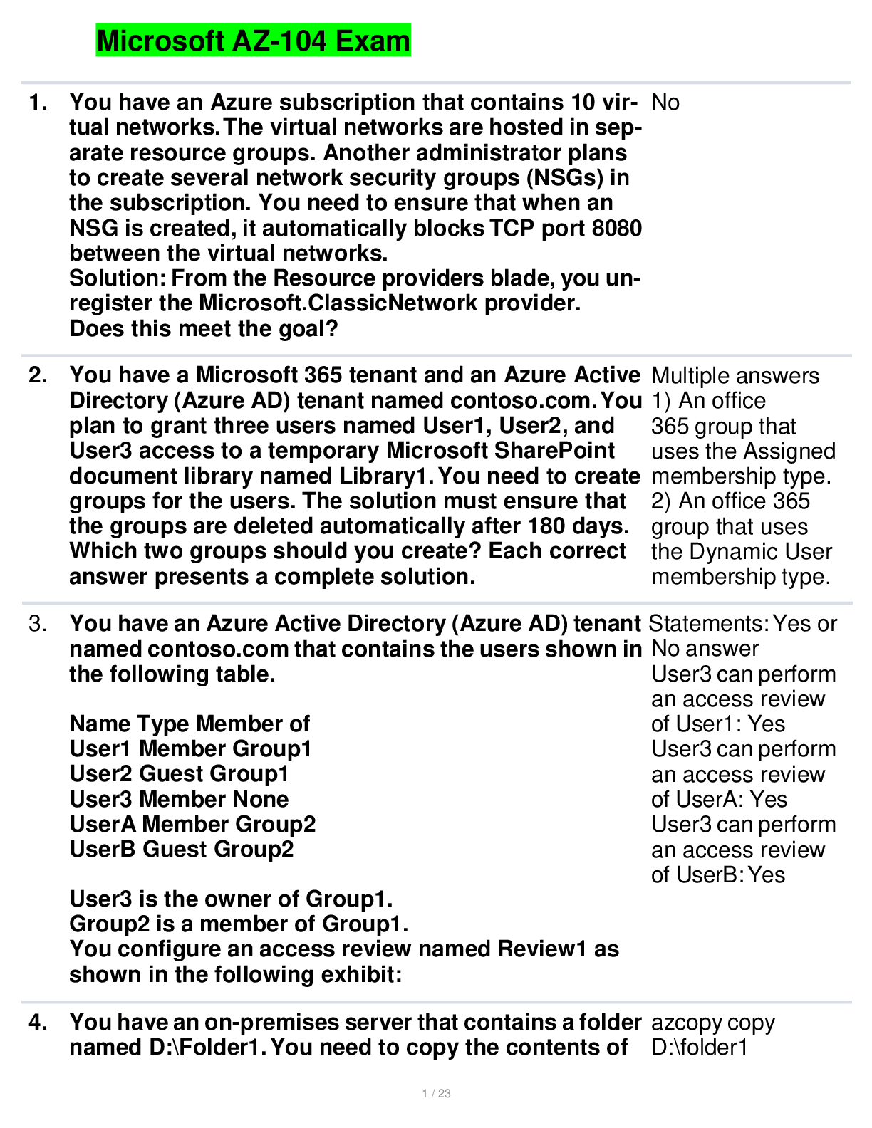 Preview image for Microsoft AZ-104 Exam Questions And Answers